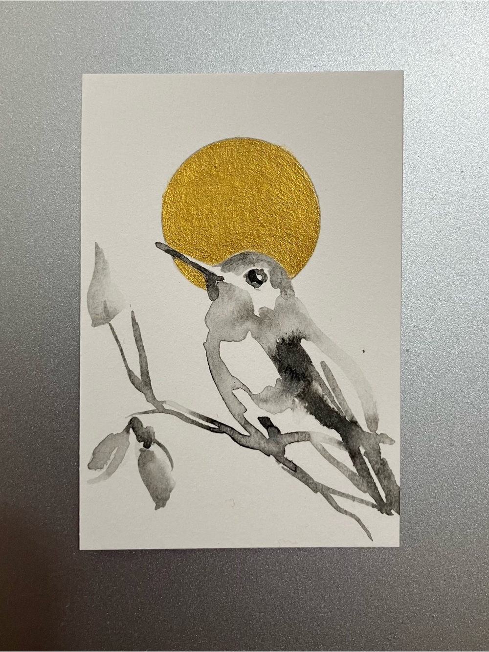 Original hummingbird painting miniature realism art sumi-e style artwork